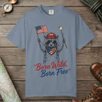 Blue Jean color unisex graphic t-shirt with "Born Wild Raccoon" design
