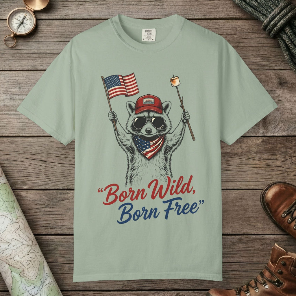 Bay color unisex graphic t-shirt with "Born Wild Raccoon" design