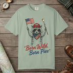Bay color unisex graphic t-shirt with "Born Wild Raccoon" design