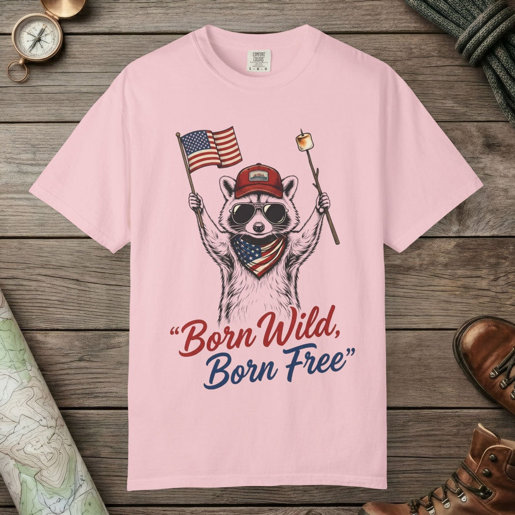 Blossom color unisex graphic t-shirt with "Born Wild Raccoon" design