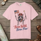 Blossom color unisex graphic t-shirt with "Born Wild Raccoon" design