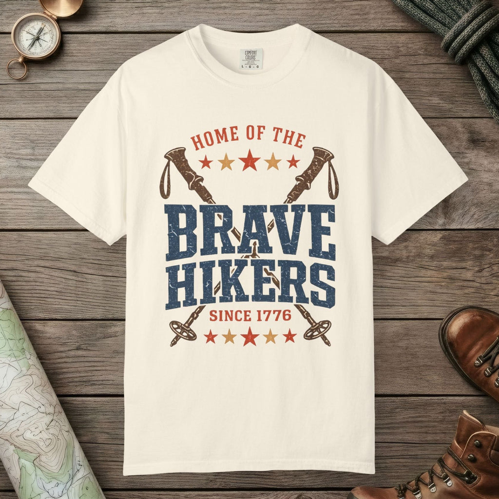 Ivory color unisex graphic t-shirt with "Brave Hikers" design