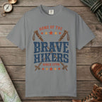 Grey color unisex graphic t-shirt with "Brave Hikers" design