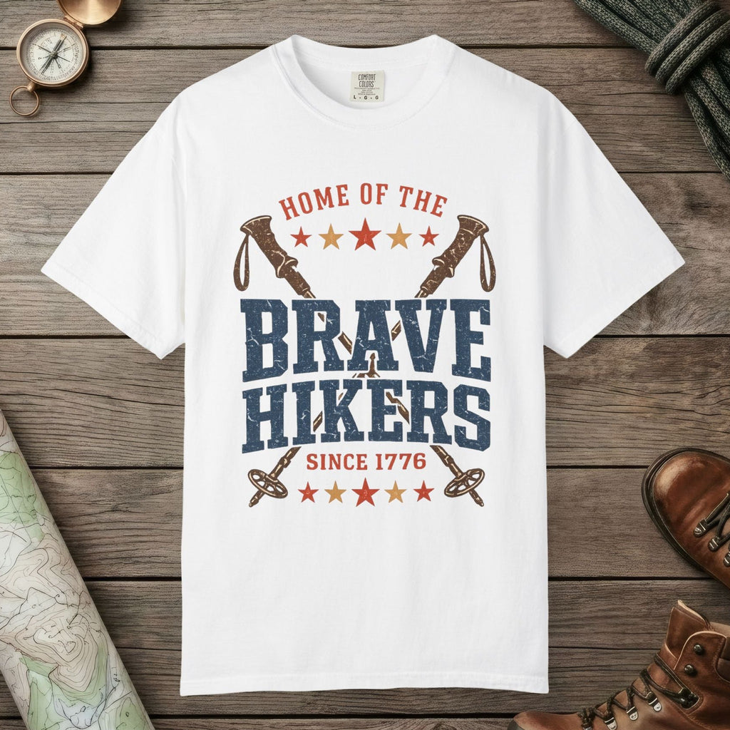 White color unisex graphic t-shirt with "Brave Hikers" design