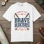 White color unisex graphic t-shirt with "Brave Hikers" design