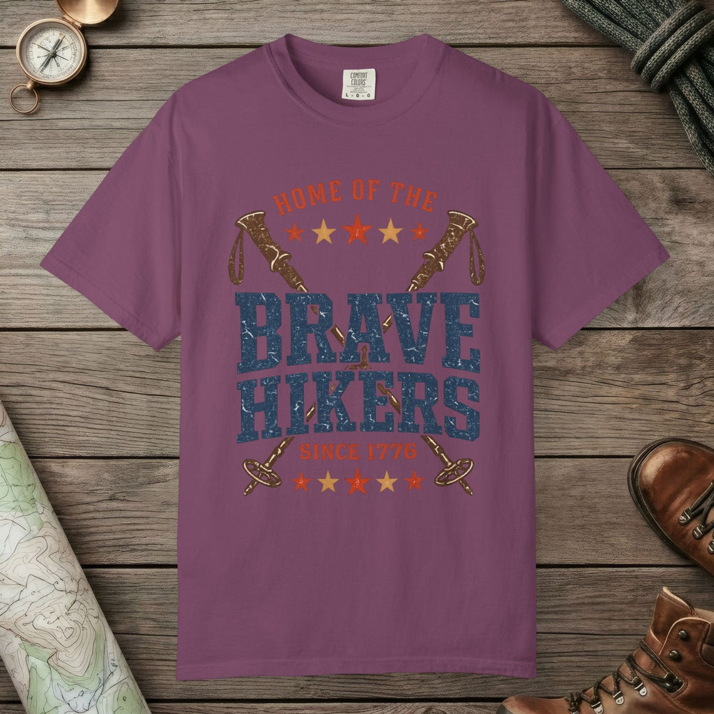 Berry color unisex graphic t-shirt with "Brave Hikers" design