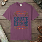 Berry color unisex graphic t-shirt with "Brave Hikers" design