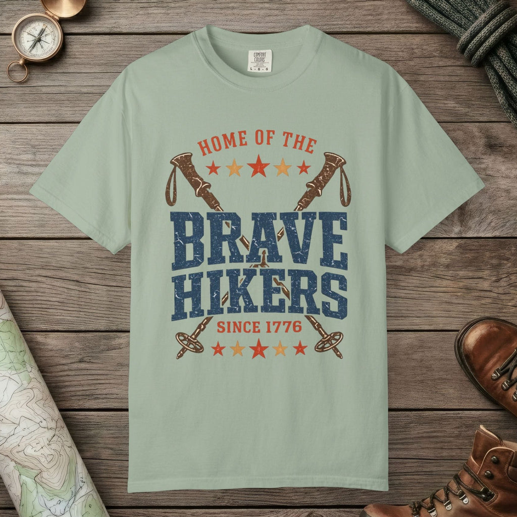 Bay color unisex graphic t-shirt with "Brave Hikers" design