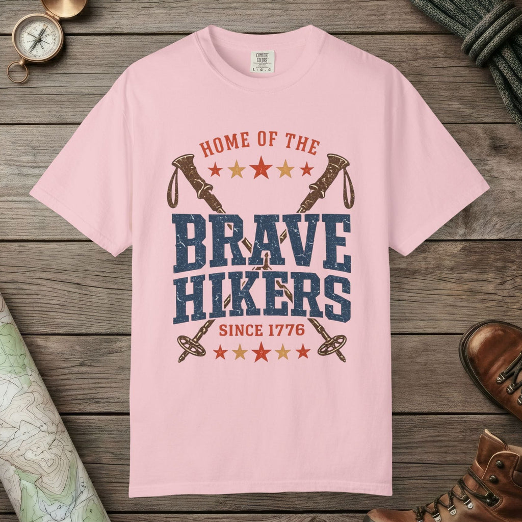 Blossom color unisex graphic t-shirt with "Brave Hikers" design
