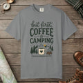Grey color unisex graphic t-shirt with "But First Coffee" design