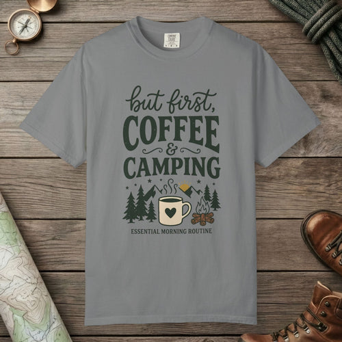 Grey color unisex graphic t-shirt with "But First Coffee" design