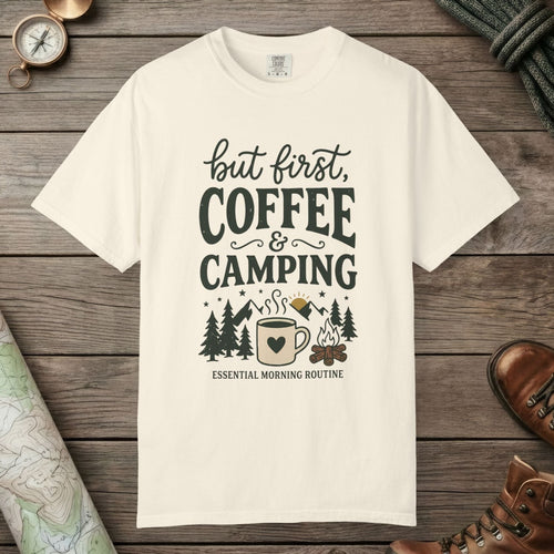 Ivory color unisex graphic t-shirt with "But First Coffee" design