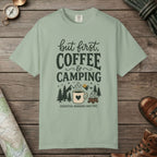 Bay color unisex graphic t-shirt with "But First Coffee" design