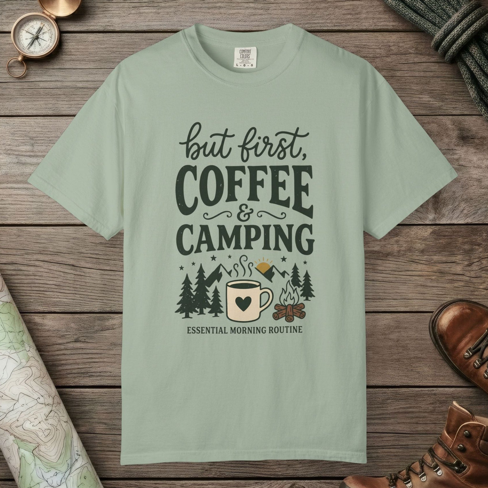 Bay color unisex graphic t-shirt with "But First Coffee" design