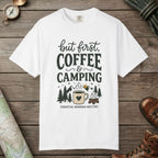 White color unisex graphic t-shirt with "But First Coffee" design