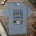 Blue Jean color unisex graphic t-shirt with "But First Coffee" design