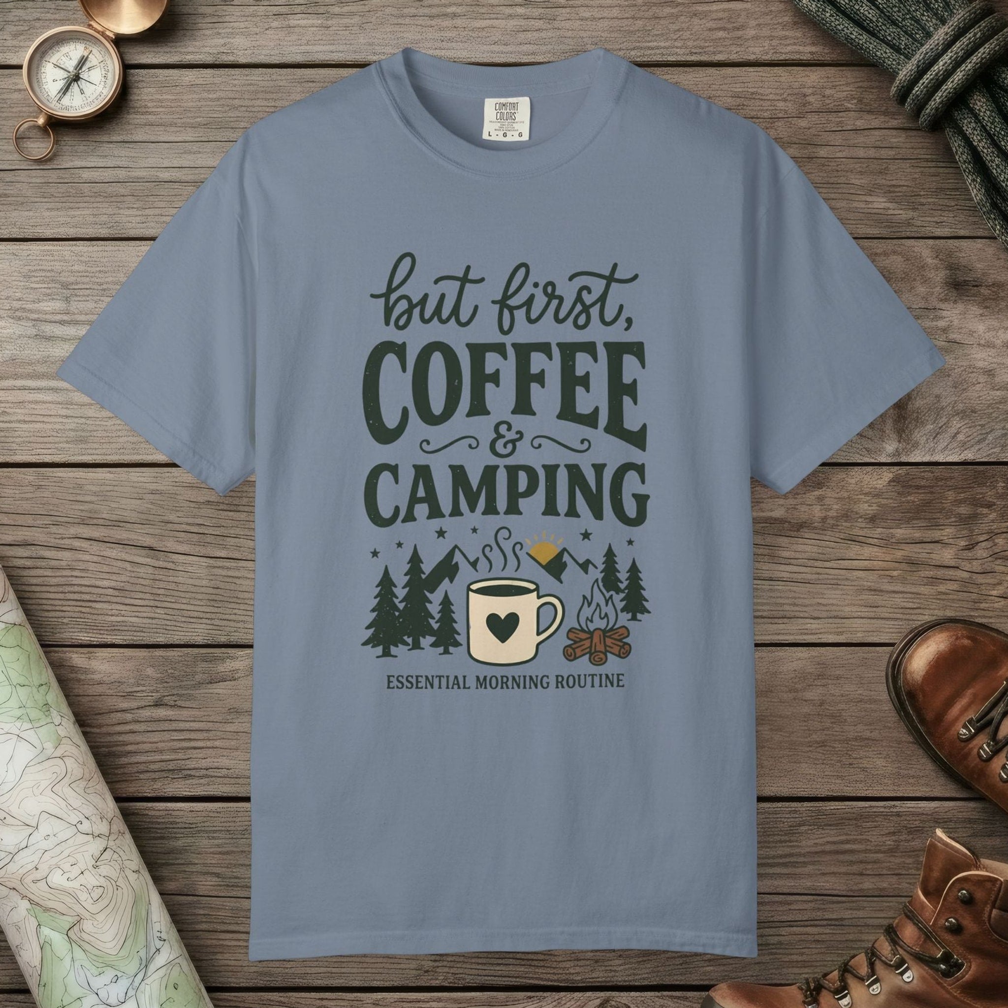 Blue Jean color unisex graphic t-shirt with "But First Coffee" design