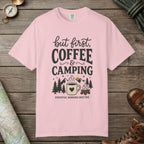 Blossom color unisex graphic t-shirt with "But First Coffee" design