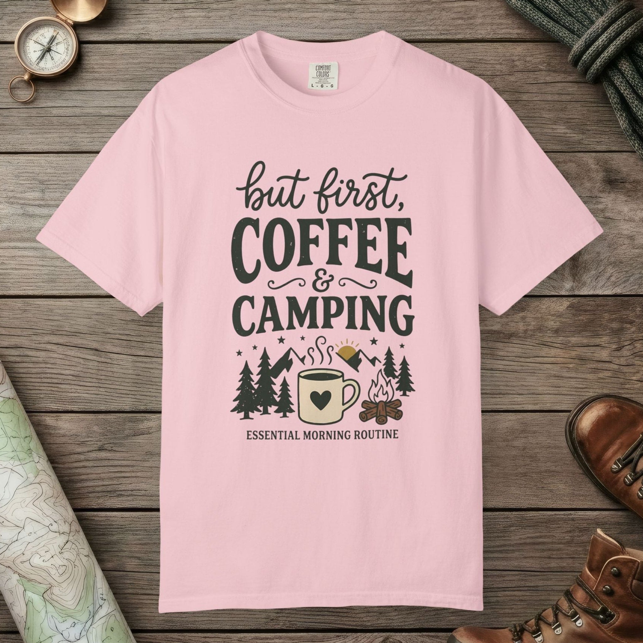 Blossom color unisex graphic t-shirt with "But First Coffee" design