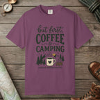Berry color unisex graphic t-shirt with "But First Coffee" design