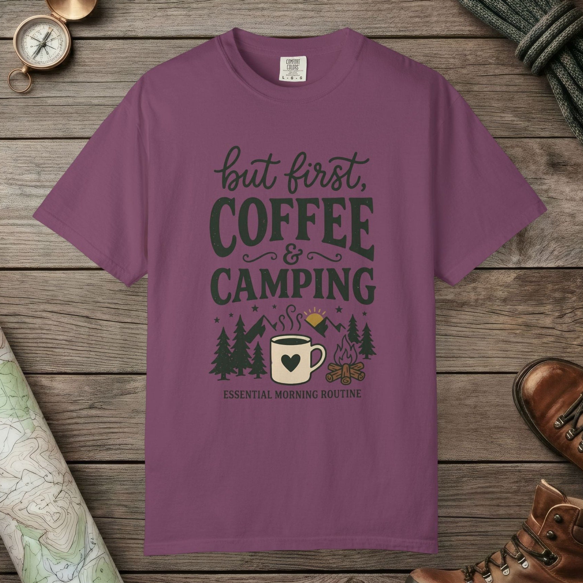 Berry color unisex graphic t-shirt with "But First Coffee" design