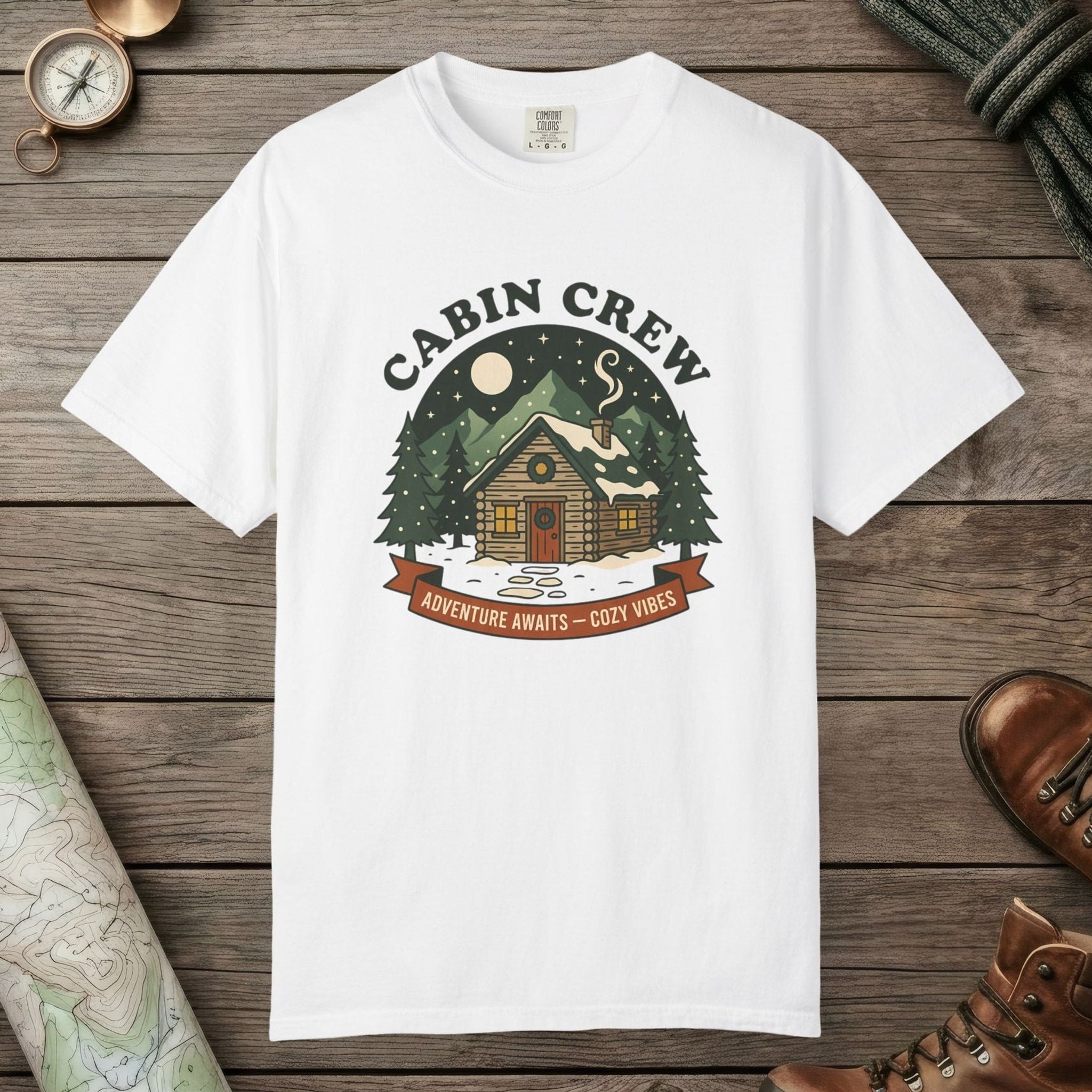 White color unisex graphic t-shirt with "Cabin Crew" design
