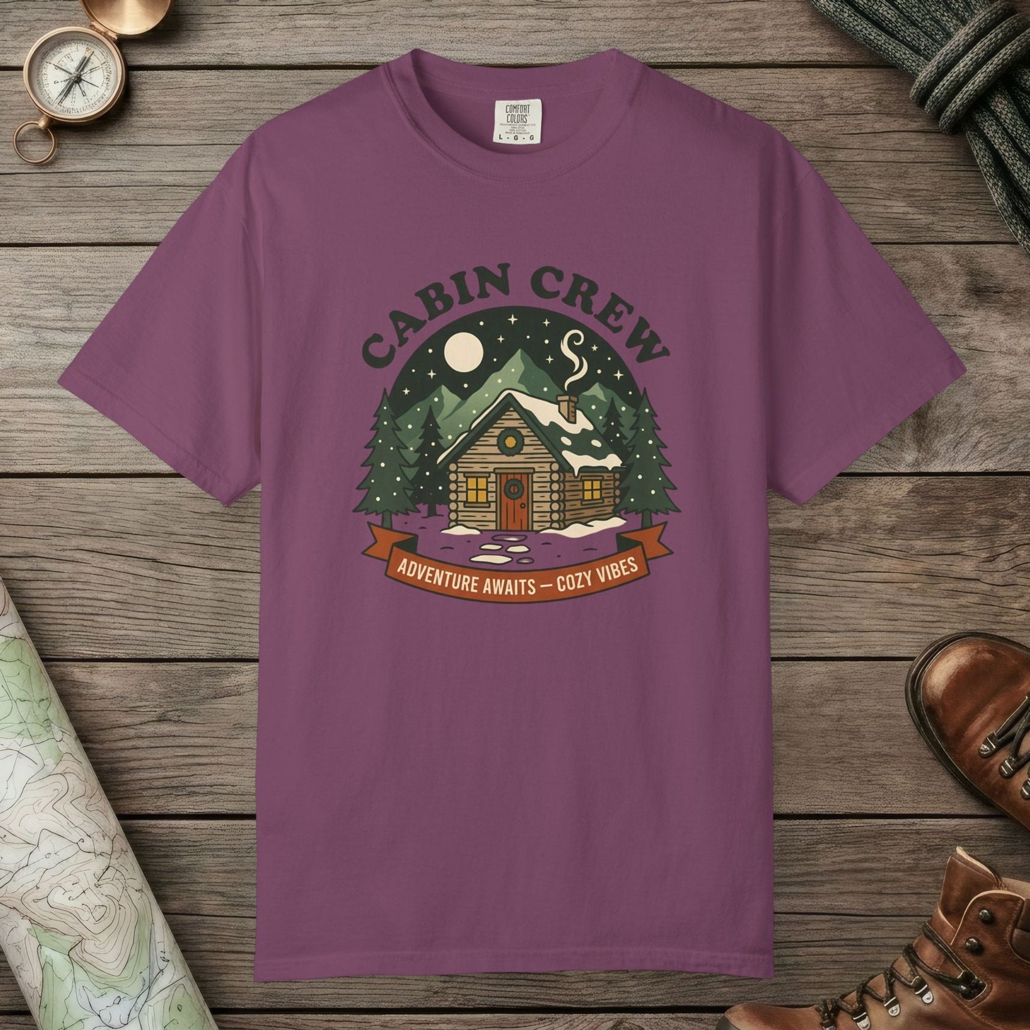 Berry color unisex graphic t-shirt with "Cabin Crew" design