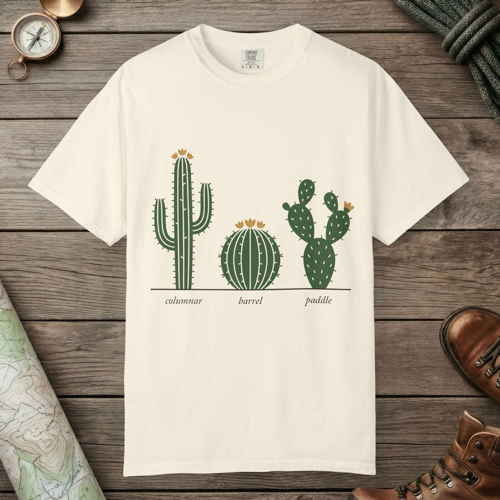 Ivory color unisex graphic t-shirt with "Cactus Botanical Study" design