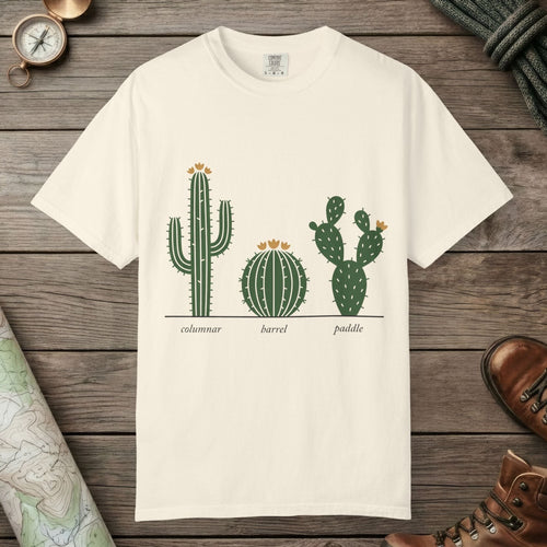 Ivory color unisex graphic t-shirt with "Cactus Botanical Study" design