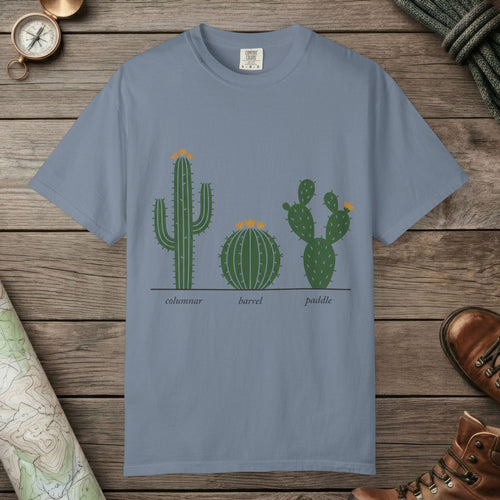 Blue Jean color unisex graphic t-shirt with "Cactus Botanical Study" design