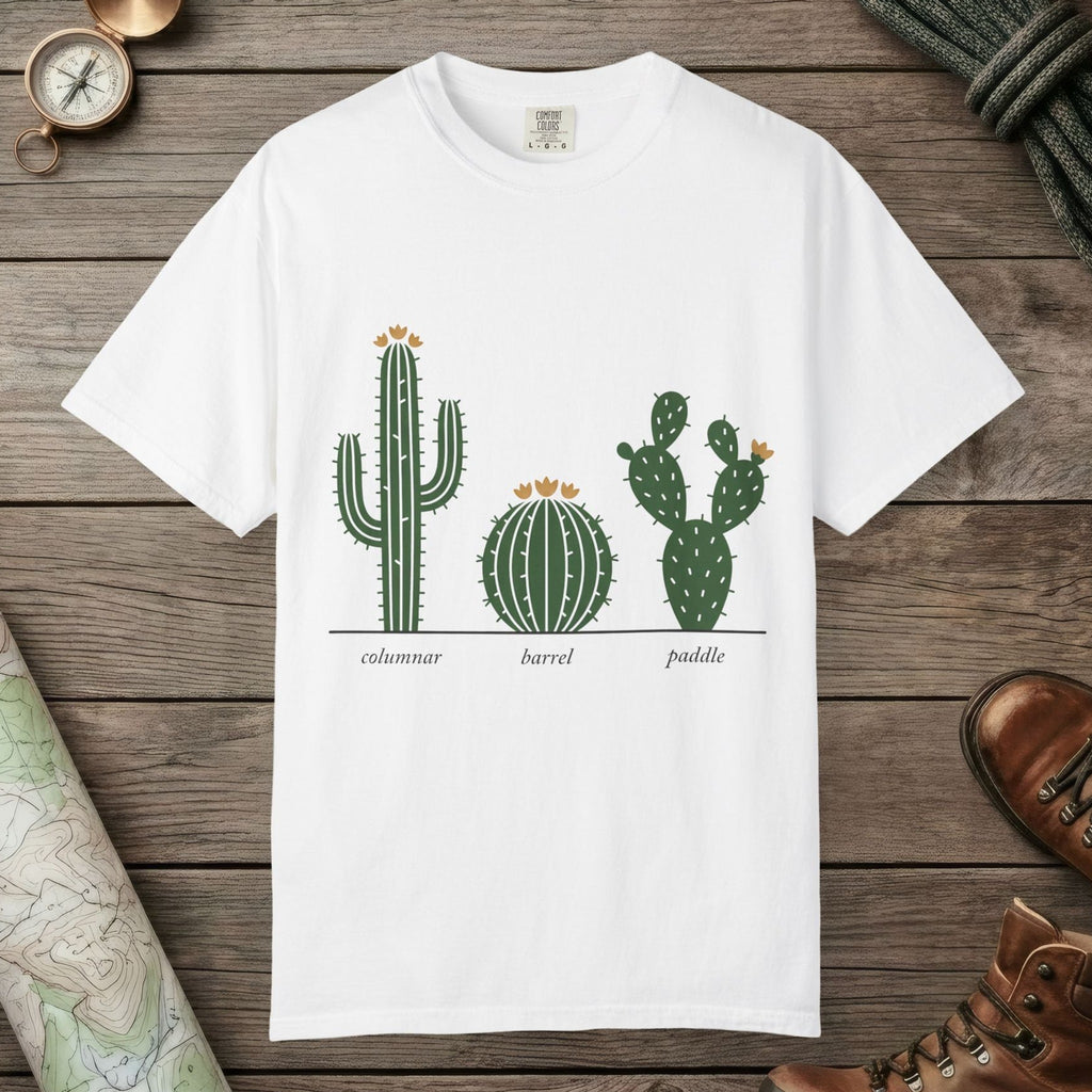 White color unisex graphic t-shirt with "Cactus Botanical Study" design