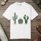 White color unisex graphic t-shirt with "Cactus Botanical Study" design