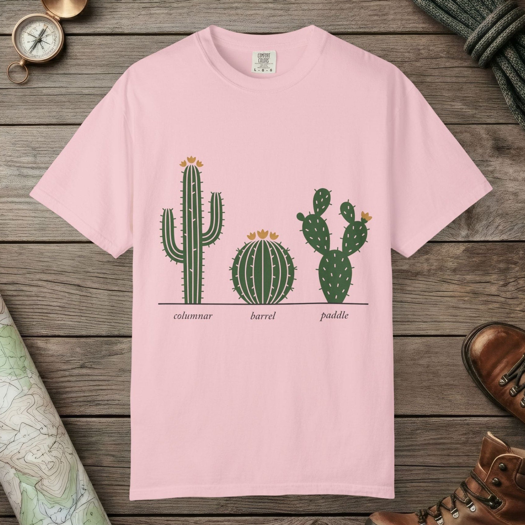 Blossom color unisex graphic t-shirt with "Cactus Botanical Study" design