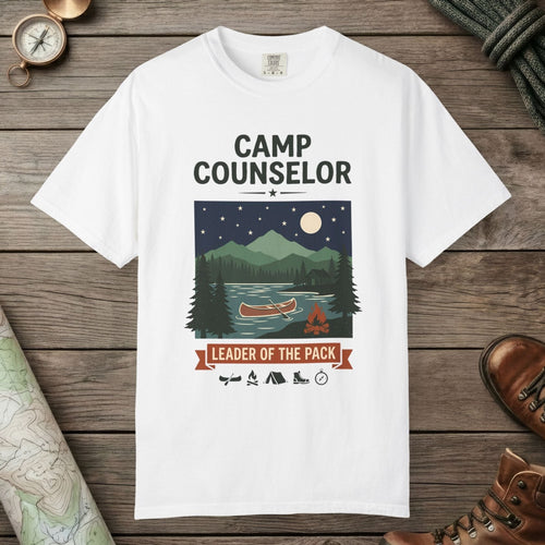 White color unisex graphic t-shirt with "Camp Counselor" design