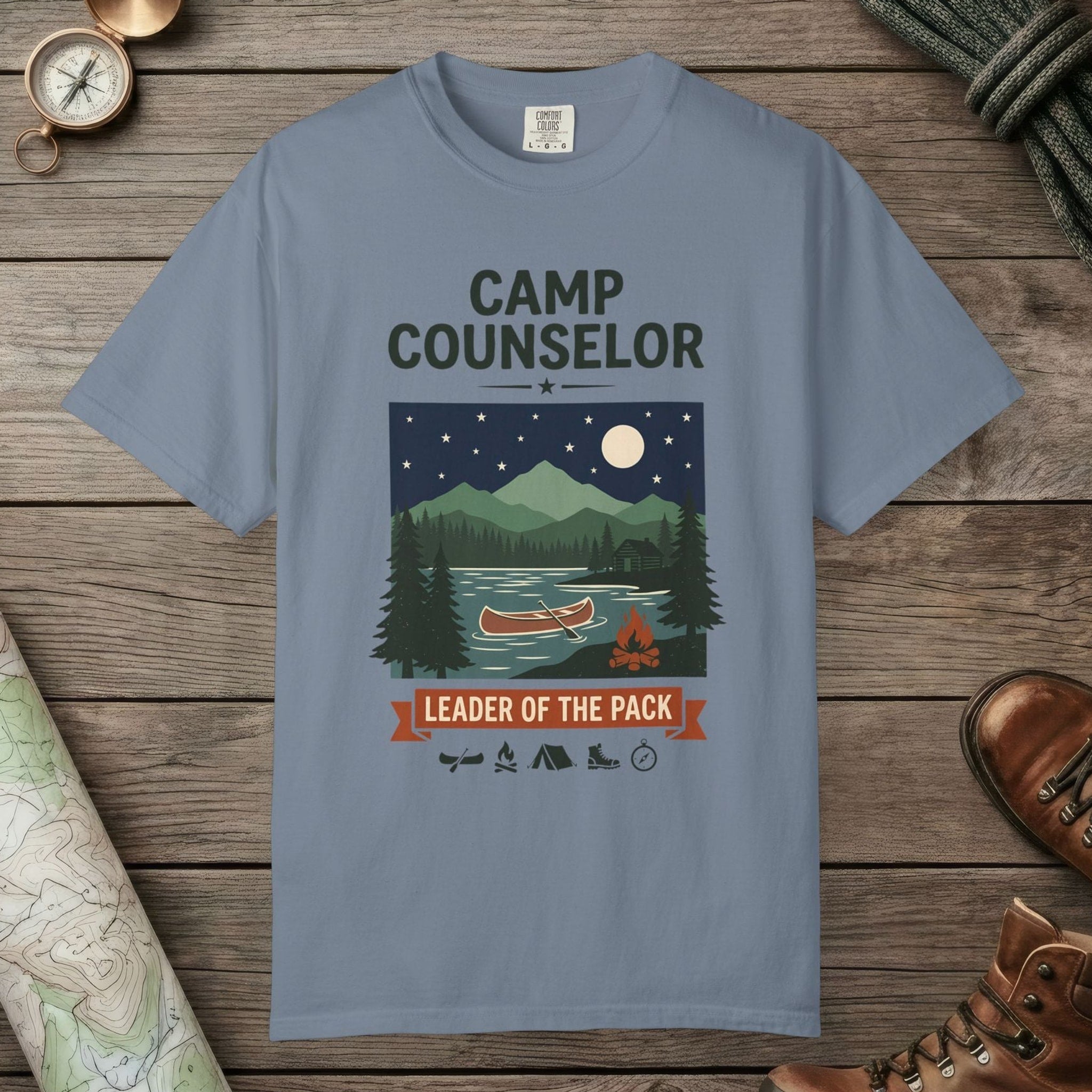Blue Jean color unisex graphic t-shirt with "Camp Counselor" design