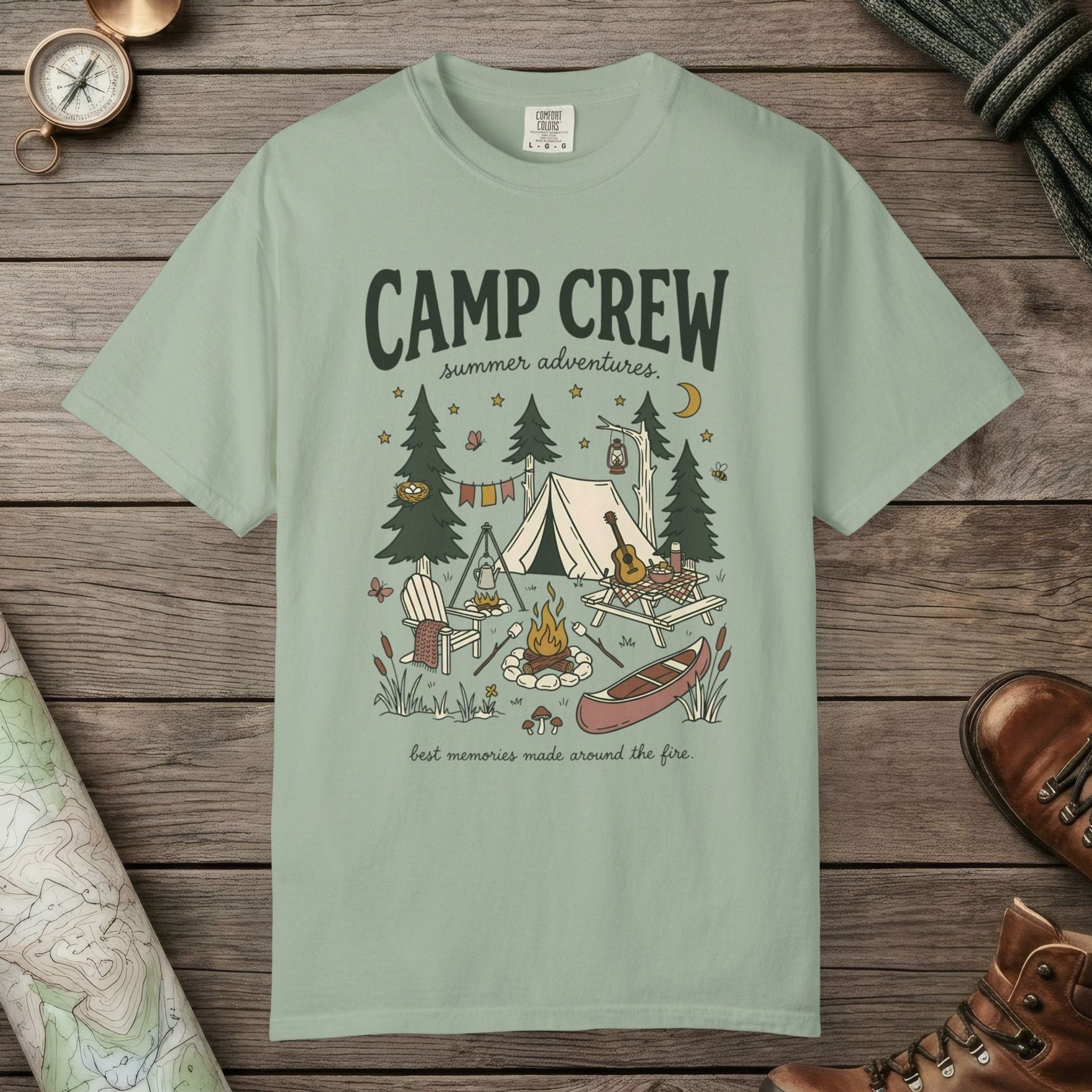 Bay color unisex graphic t-shirt with "Camp Crew" design