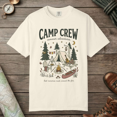 Ivory color unisex graphic t-shirt with "Camp Crew" design