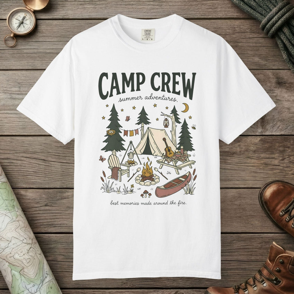 White color unisex graphic t-shirt with "Camp Crew" design