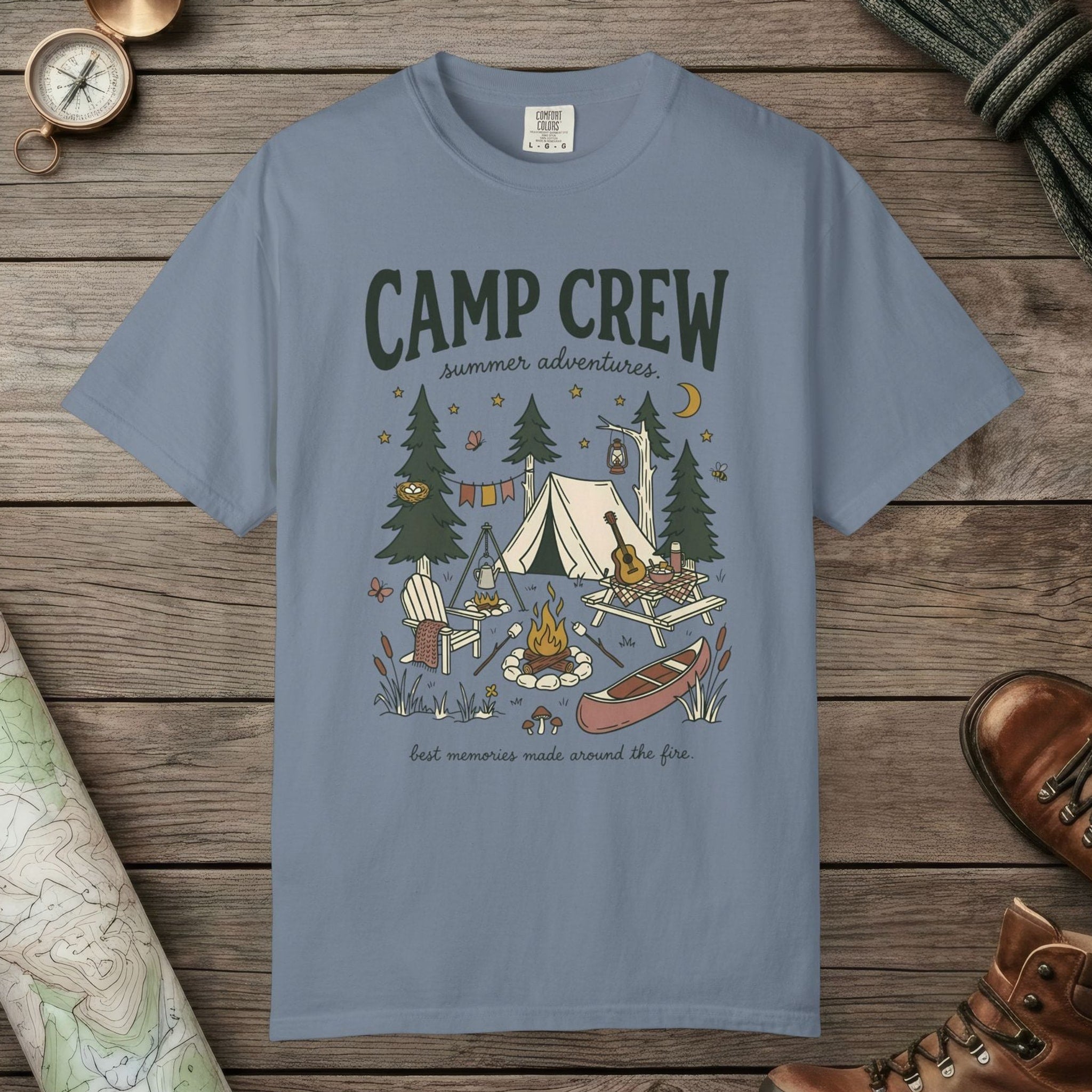 Blue Jean color unisex graphic t-shirt with "Camp Crew" design