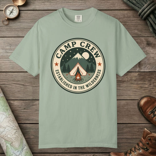 Bay color unisex graphic t-shirt with "Camp Crew" design