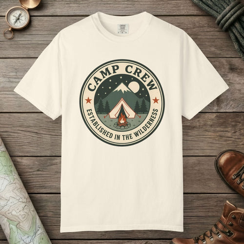 Ivory color unisex graphic t-shirt with "Camp Crew" design
