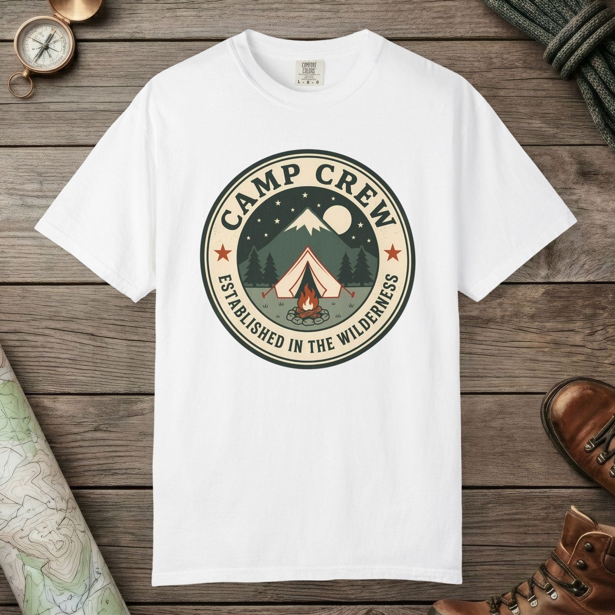White color unisex graphic t-shirt with "Camp Crew" design