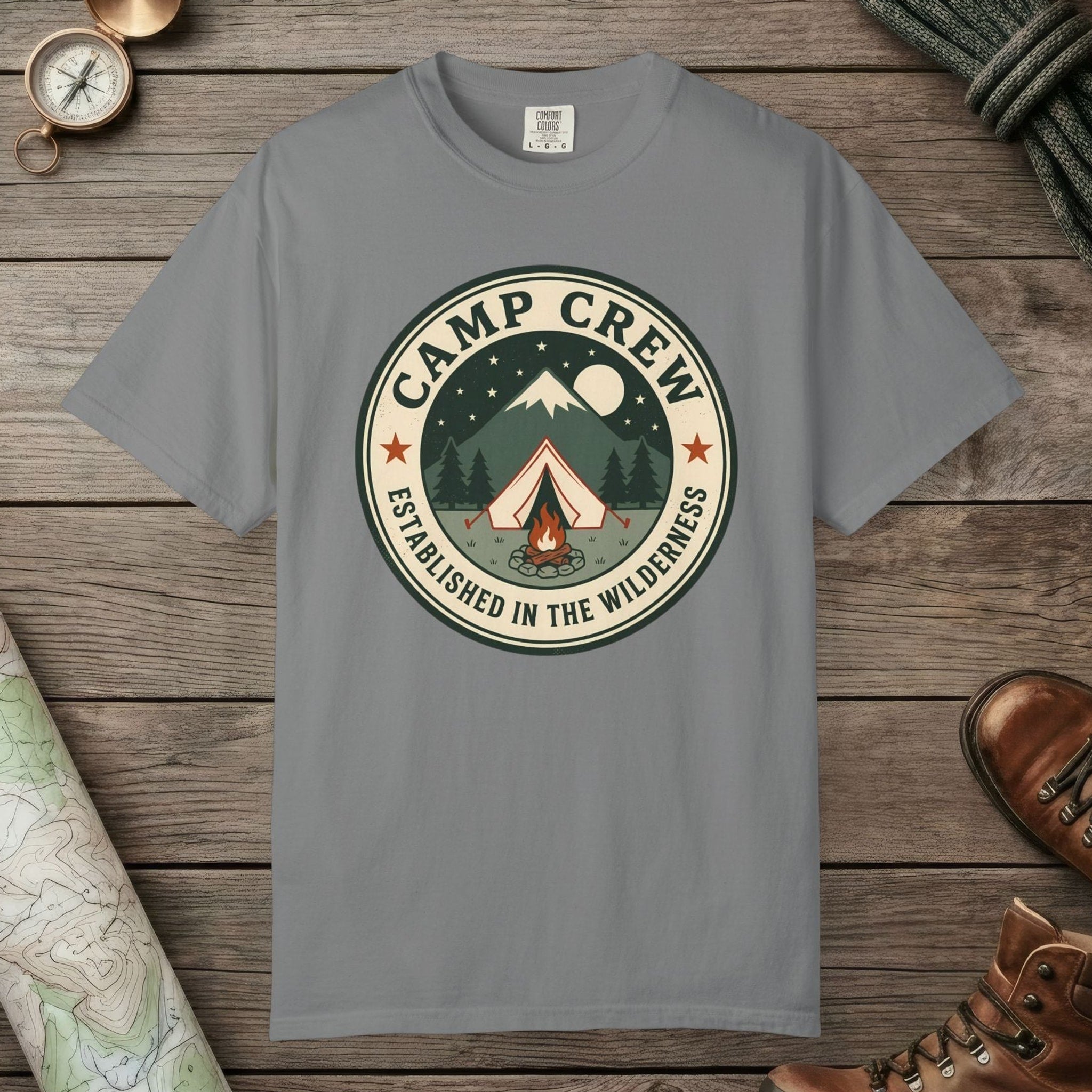 Grey color unisex graphic t-shirt with "Camp Crew" design