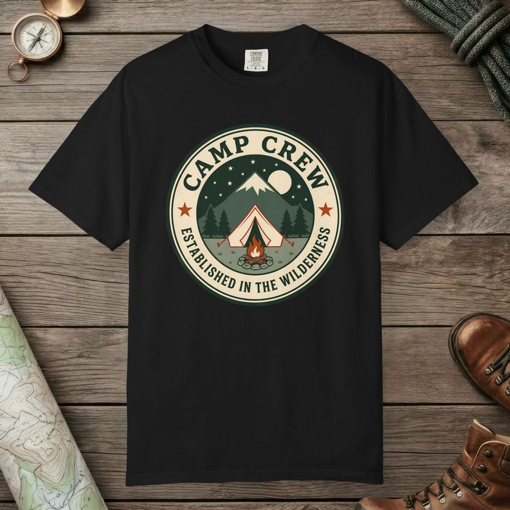 Black color unisex graphic t-shirt with "Camp Crew" design