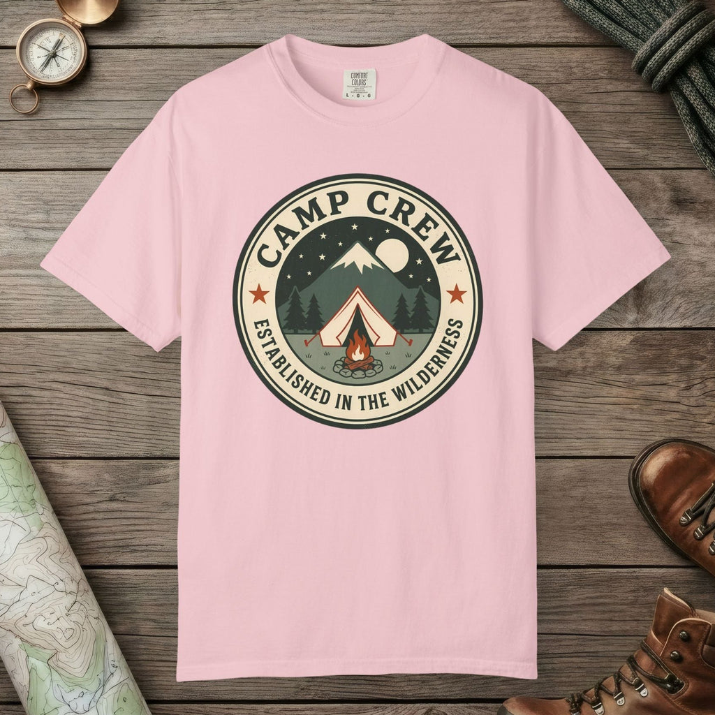 Blossom color unisex graphic t-shirt with "Camp Crew" design