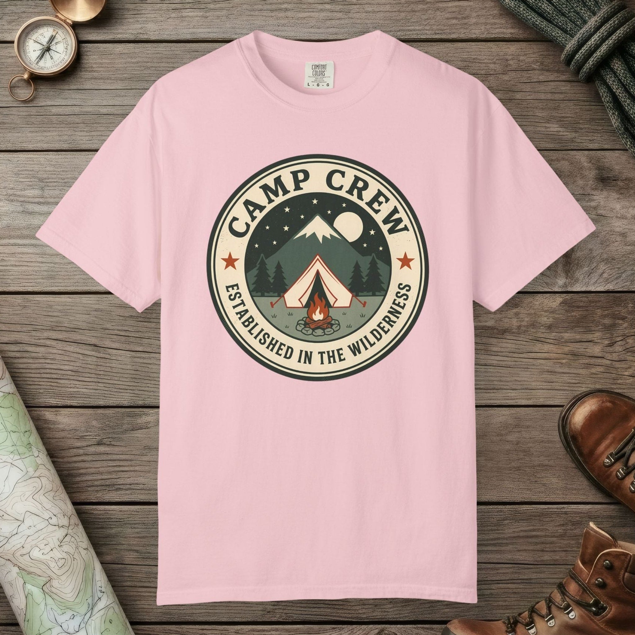 Blossom color unisex graphic t-shirt with "Camp Crew" design