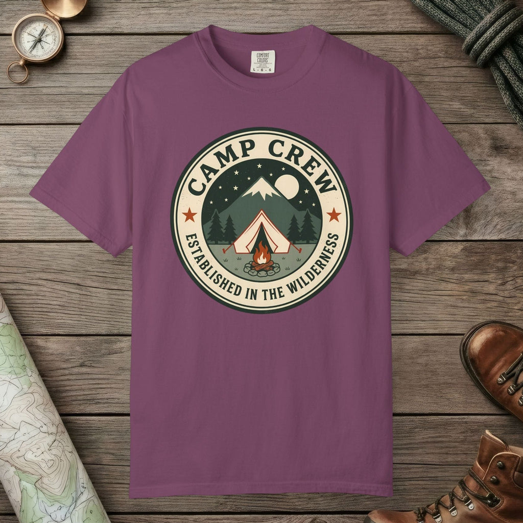 Berry color unisex graphic t-shirt with "Camp Crew" design