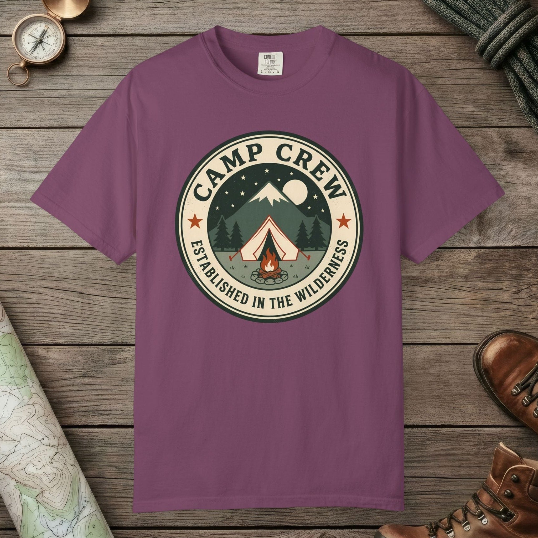 Berry color unisex graphic t-shirt with "Camp Crew" design