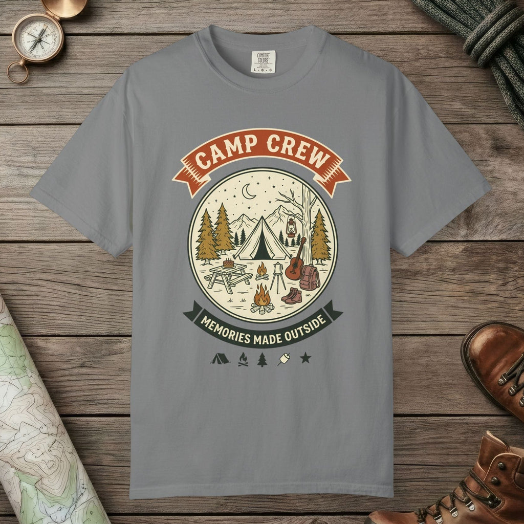 Grey color unisex graphic t-shirt with "Camp Crew Vintage" design