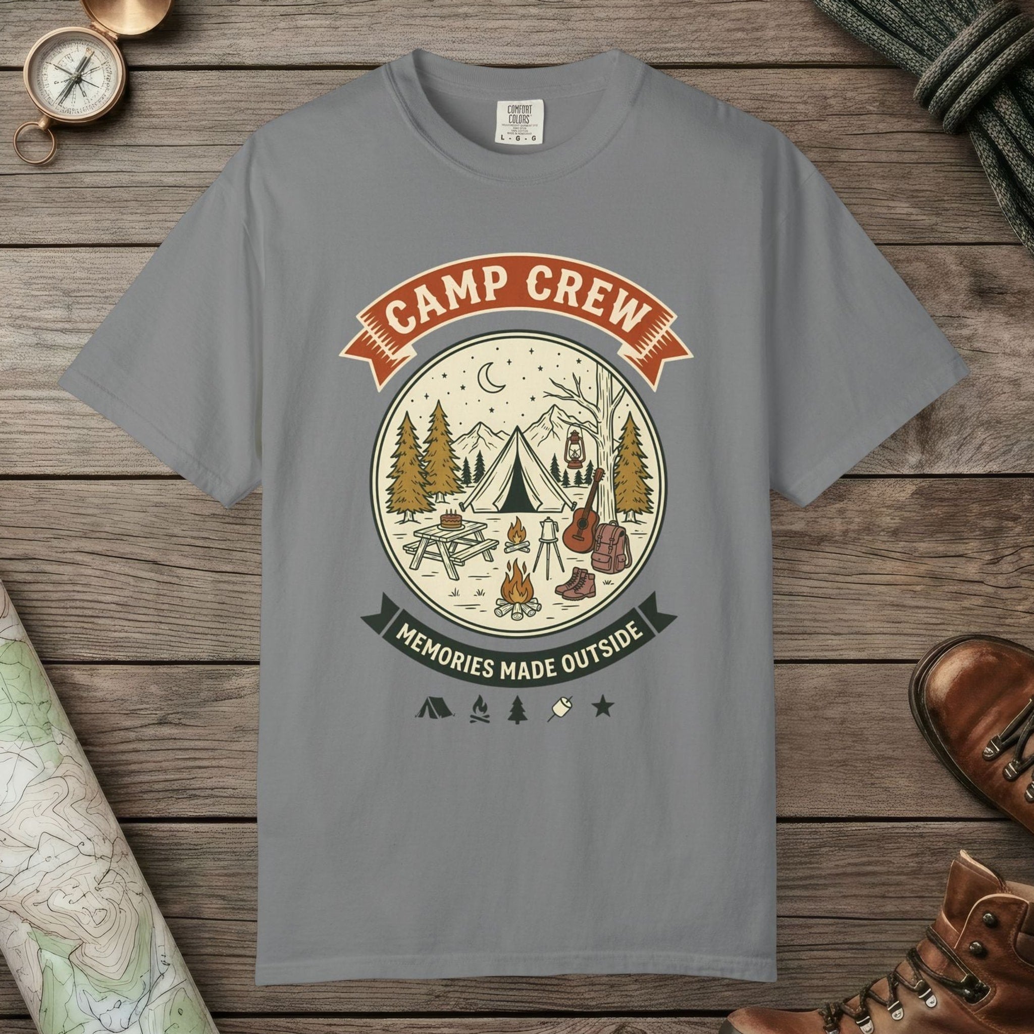 Grey color unisex graphic t-shirt with "Camp Crew Vintage" design
